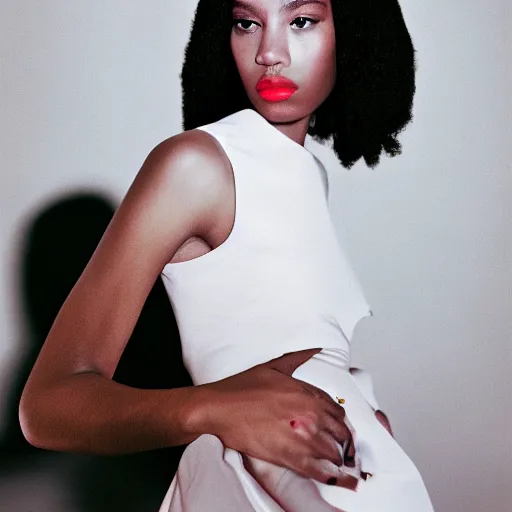 Image similar to realistic photoshoot for a new dior lookbook, color film photography, portrait of a beautiful woman, in style of tyler mitchell, 35mm