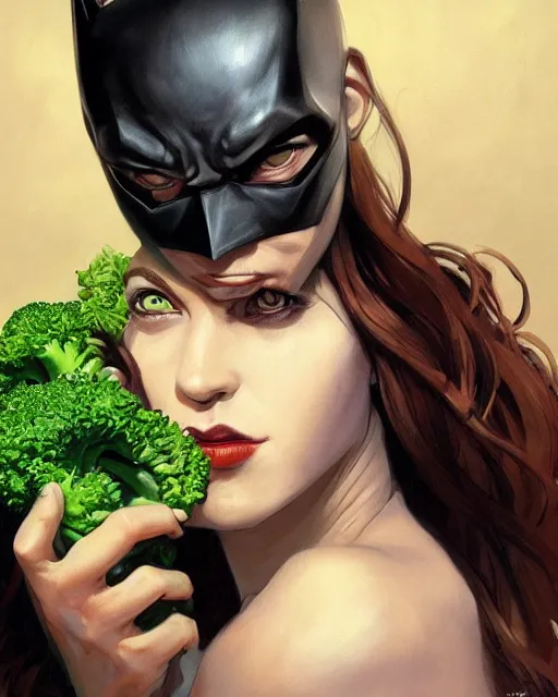 Image similar to Close-up stunning portrait of Batman eating broccoli, digital painting, concept art, highly detailed, digital painting, Trending on Artstation, 8K, by artgerm and greg rutkowski and alphonse mucha