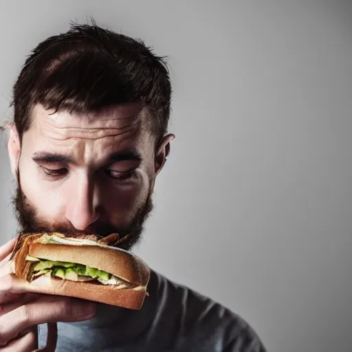 Image similar to a man eating the last sandwhich while looking sad, realistic photo,