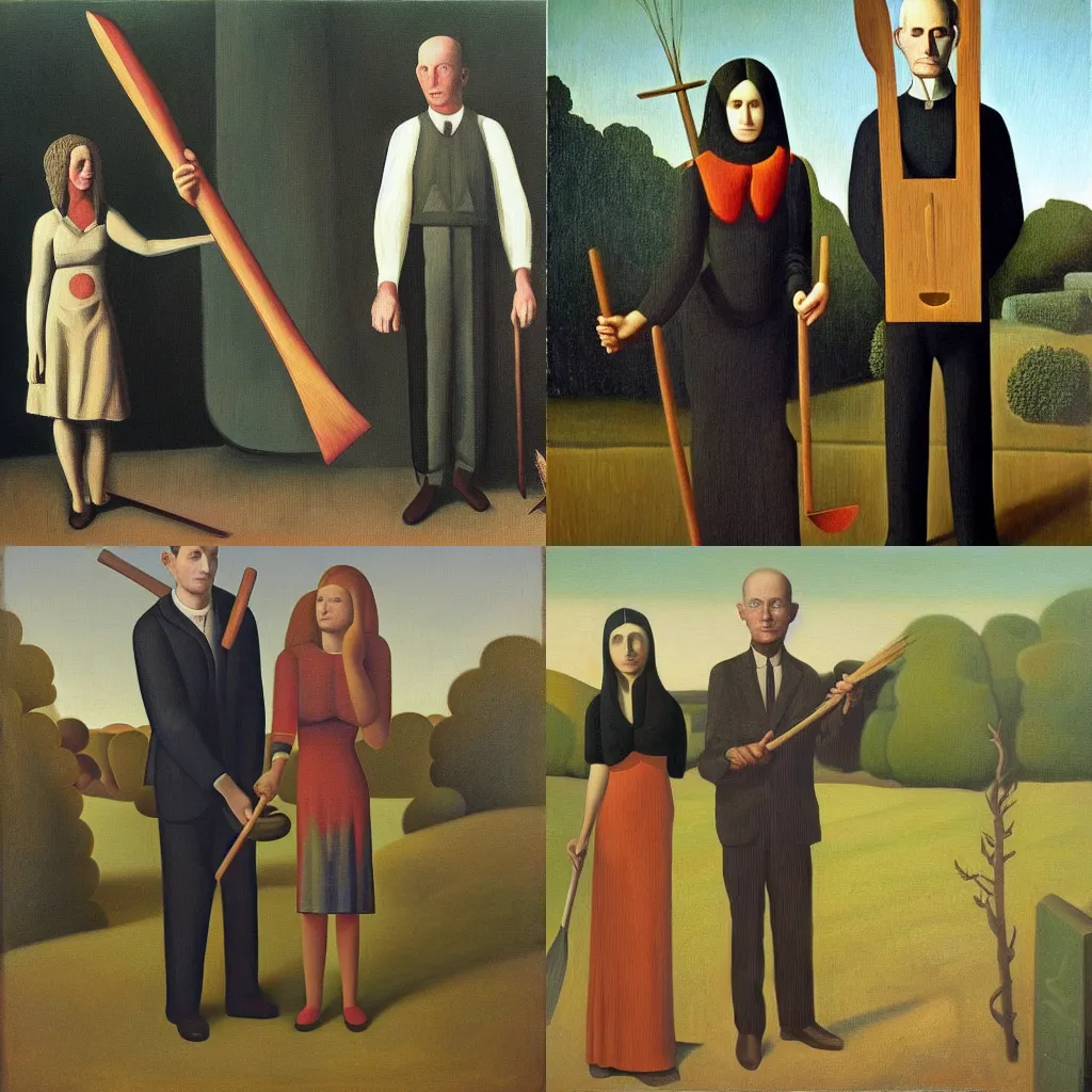 Prompt: a painting of a man and a woman holding a pitchfork, a surrealist painting by grant wood, trending on cg society, international gothic, creative commons attribution, colorized, academic art
