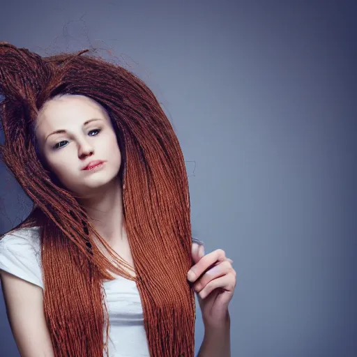 Prompt: a woman with spaghetti as hair, 8 k, 4 k, professional photography, award winning photo