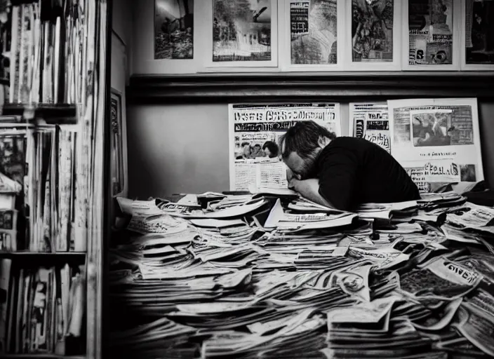 Prompt: dslr photo still of alex jones sitting depressed in a room filled to the ceiling with newspapers, 5 2 mm f 5. 6