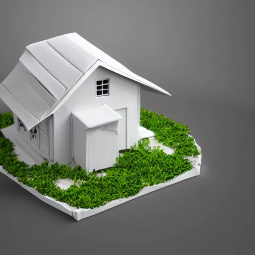 Image similar to origami farmhouse in white paper, 3 d render, ultra detailed, on white background, studio shot