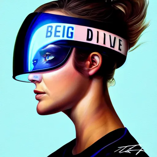 Image similar to profile photo of a girl driver wearing a transparent visor helmet with big eye lashes with high detailed tattoos on neck, side profile on a racing car, highly detailed, digital painting, artstation, concept art, smooth, sharp focus, illustration by Sandra Chevrier
