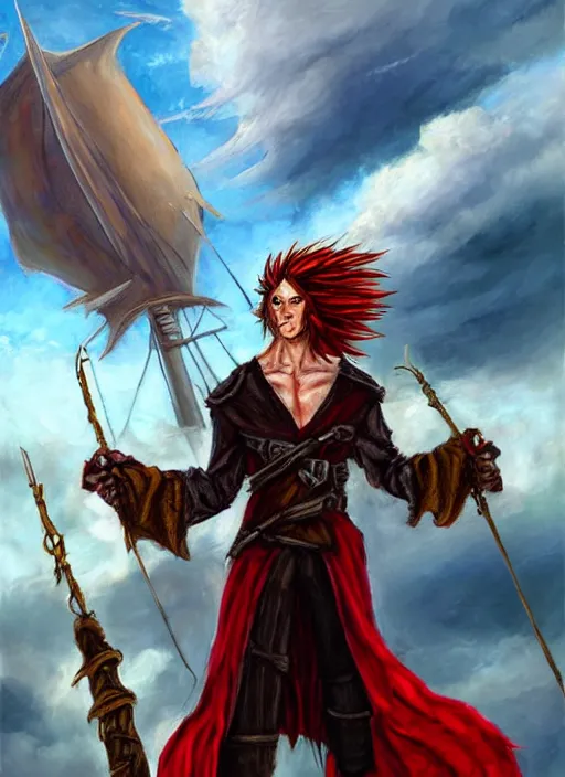 Prompt: epic fantasy portrait painting of a long haired, red headed male sky - pirate in front of an airship in the style of the death note