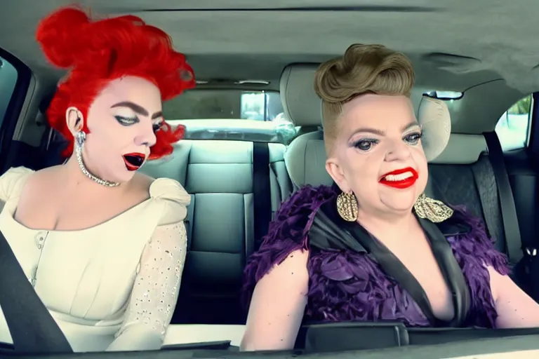 Prompt: carpool karaoke lady gaga and judy garland, highly realistic, highly detailed, high resolution, 8 k 4 k,