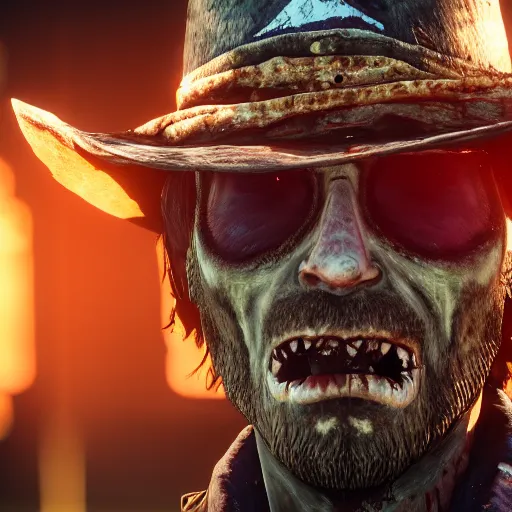 Image similar to zombie, bokeh dof, professional, dreamy, cute, 4 k, sunset, award winning, cute, disgusting, funny, sad, upset, jambalaya, red dead redemption 2