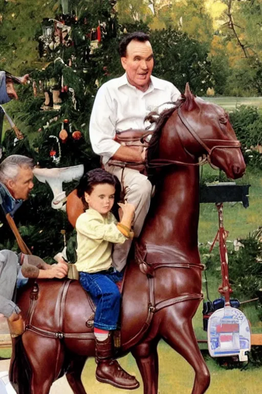 Image similar to a norman rockwell painting of norm macdonald sitting on children's rocking horse on the set of everybody loves raymond