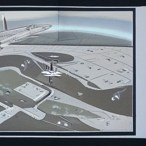 Prompt: Illustration of an Air Base by animator Georges Schwizgebel, 1978