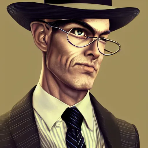 Image similar to a upper body portrait of a deer lord in a pinstriped suit and pants wearing a fedora and a monocle over the left eye by artgerm and wlop, intricate detail, digital art, photorealistic, trending on artstation