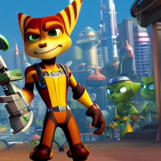 Prompt: ratchet and clank arrives in a lombax city