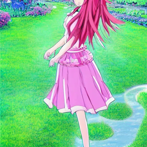 Prompt: cute art of a beautiful anime girl with colorful dress, walking on the green garden, detailed