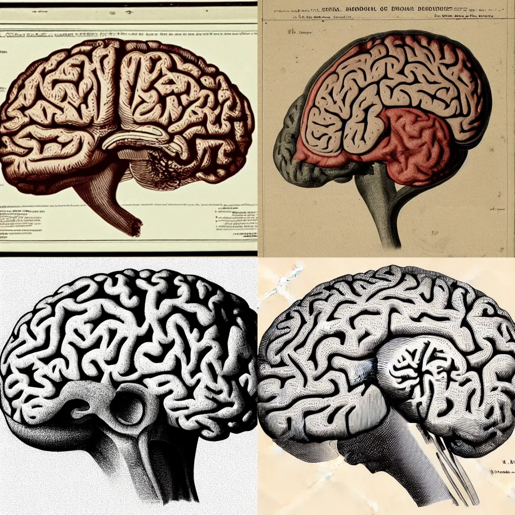 Prompt: Medical illustration of a brain from the 1800s, very detailed
