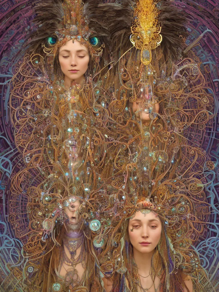 Image similar to an ancient mystical alluring tribal elder wearing an intricate head dress of feathers and jewels generating flowing energy and surrounded by wisps of incense smoke sits meditating in a cybernetic robot temple, face face face, by alphonse mucha and justin gerard and android jones, 3 d, cinema 4 d render, trending on artstation, 8 k