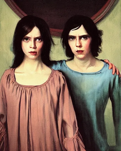 Image similar to a baroque painting of two beautiful but creepy siblings wearing linen shirts in layers of fear, with haunted eyes and dark hair, 1 9 7 0 s, seventies, wallpaper, a little blood, morning light showing injuries, delicate embellishments, painterly, offset printing technique, by brom, robert henri, walter popp