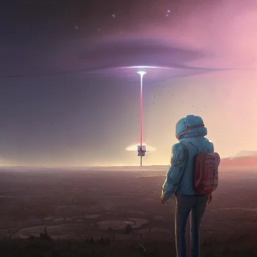 Prompt: a digital painting of a person looking up at a gigantic big enormous ufo spaceship in the sky far in the distance concept art by simon stalenhag and peter mohrbacher cgsociety, speedpainting, apocalypse art. unreal engine. hyper - realistic. photo realistic. 3 d render. octane render. detailed masterpiece. extreme wide shot. zoomed out.