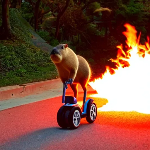 Prompt: photo of a capybara riding a segway, with flames coming out of the back