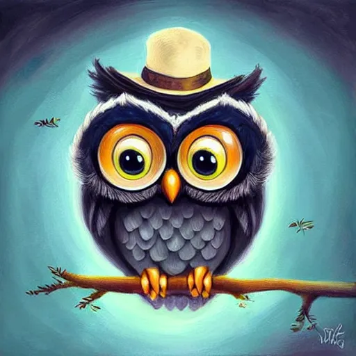 Image similar to Cute portrait of an adorable owl dressed as a magician:: symmetrical face, symmetrical eyes:: in the style of charlie bowater, Disney art:: oil painting::