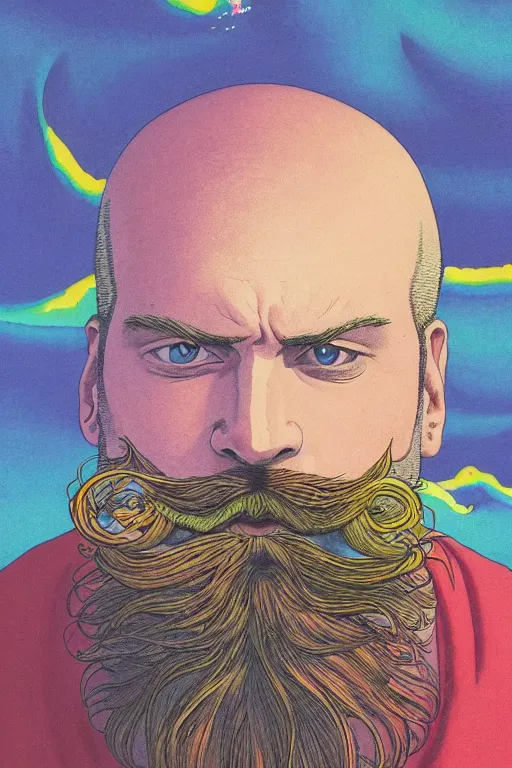 Prompt: a colorful closeup portrait of a handsome young bald man with a very long wild beard and handlebar moustache sucking a blotter paper of lsd acid and dreaming psychedelic hallucinations in the vast icy landscape of antarctica, by kawase hasui, moebius and edward hopper, colorful flat surreal design, hd, 8 k, artstation