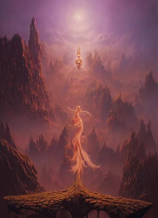 Prompt: a hyper realistic surreal painting of sorcery that opens up a dimension to another twilight zone heaven!!! dimension, painted by highly detailed by peter mohrbacher, wayne barlowe, boris vallejo, paolo eleuteri serpieri, greg rutkowski, masterpiece, 4 k, 8 k, beautiful lighting, epic