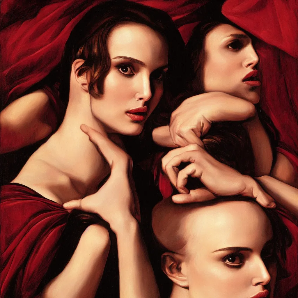 Image similar to portrait of Natalie Portman in style of Caravaggio, dramatic colors scheme