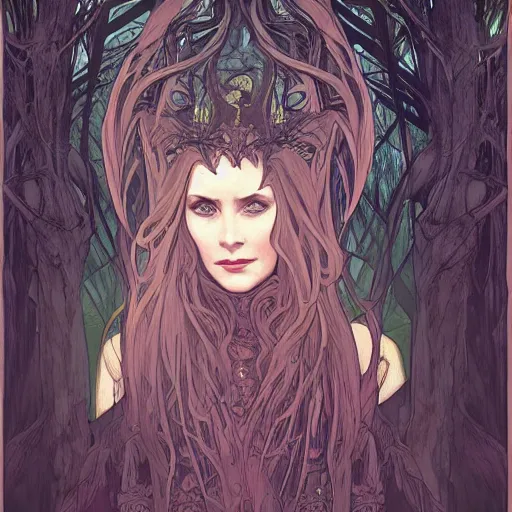 Prompt: head and shoulders portrait of an evil witch in a forest, dark fantasy, mystic, elegant, intricate, face, medium shot, trending on pixiv, volumetric light, by Fernanda Suarez and Alphonse Mucha