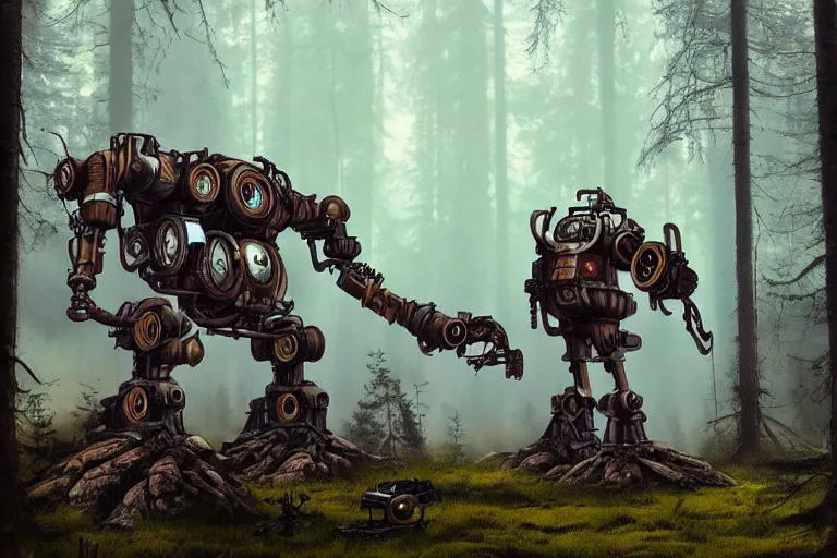 Prompt: steampunk mech standing in a swedish forest, very low angle photograph, very detailed, trending on artstation, realistic, soft colors, simon stålenhag