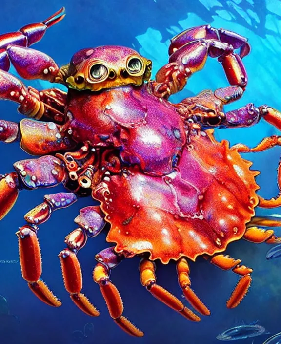 Prompt: intricate colorful transparent portrait of a disturbing beautiful alien crab creature, mottled coloring, adorable, childlike, underwater environment, ultra realistic, concept art, art nouveau, photorealistic, octane render, 8 k, unreal engine. art by christopher marley and artgerm and greg rutkowski and alphonse mucha