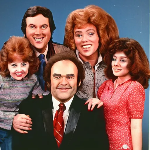 Image similar to vintage 1 9 8 0's sitcom publicity photo, a happy photogenic family and a large giant evil demonic horrifying angry detailed monstrous demon creature inside a 1 9 8 0's sitcom living room