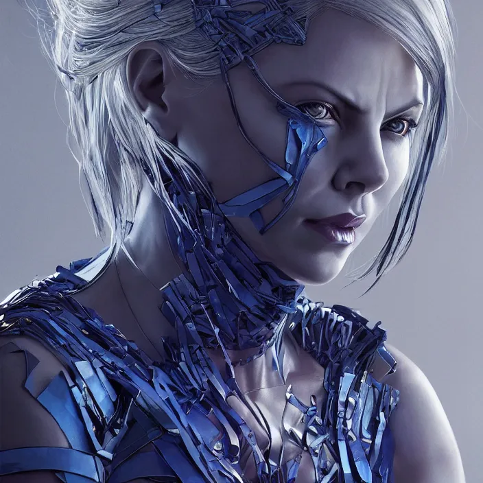 Prompt: charlize theron as mystique. x - men. intricate abstract. intricate artwork. by tooth wu, wlop, beeple, dan mumford. octane render, trending on artstation, greg rutkowski very coherent symmetrical artwork. cinematic, hyper realism, high detail, octane render, 8 k, iridescent accents