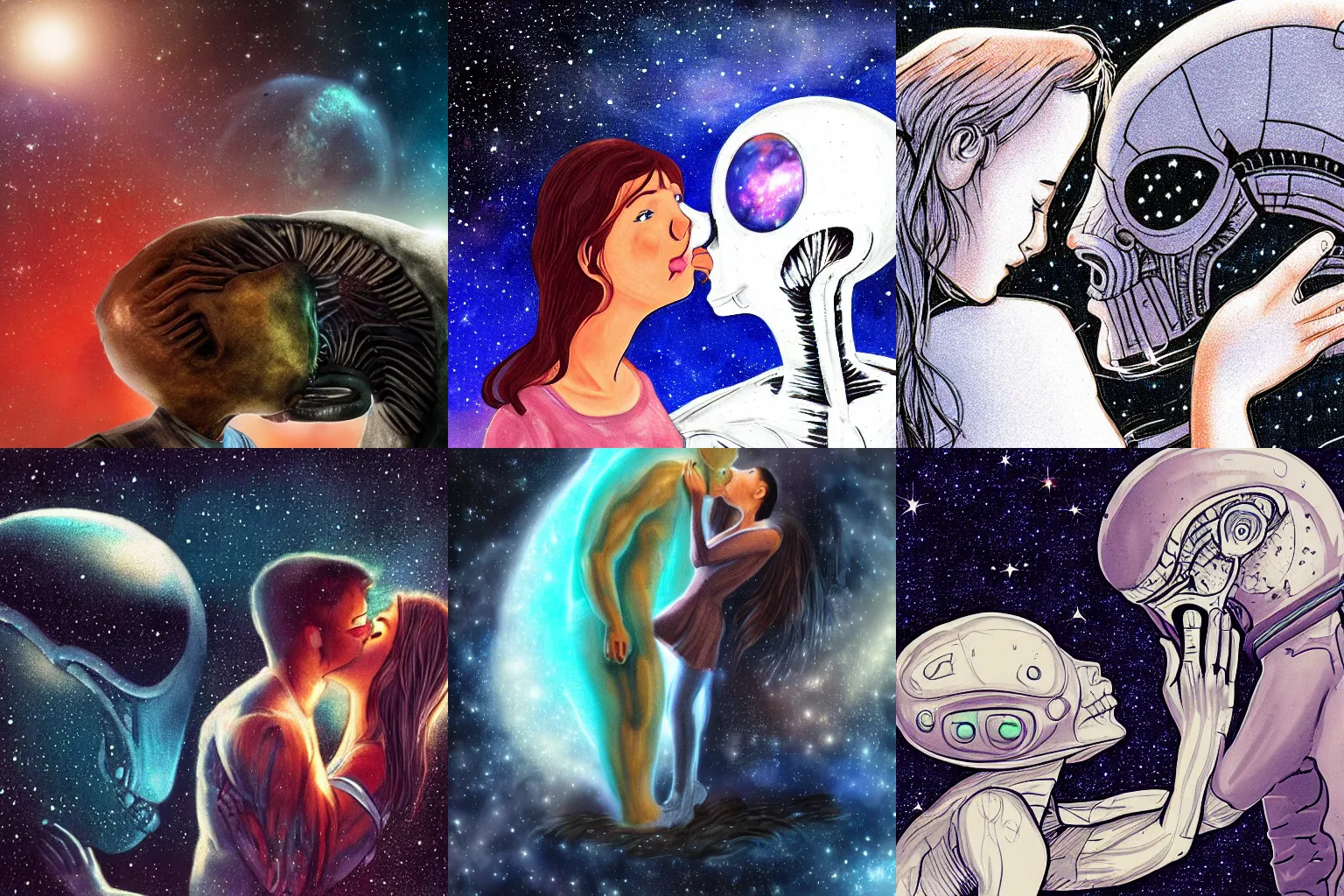 Prompt: Human kissing an alien, super detailed, in space, ambient lighting, realism, galaxy, love,