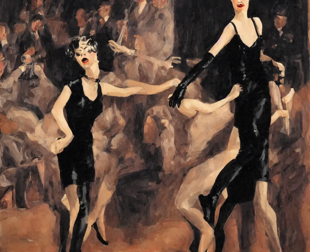 Prompt: realistic oil painting of a 1 9 2 0 s short - haired flapper woman in black satin gloves dancing in front of a stage, at a jazz band performance in a dimly lit speakeasy, jazz age, precise, wide shot, cohesive, stylistic, art deco, cinematic, low - lighting