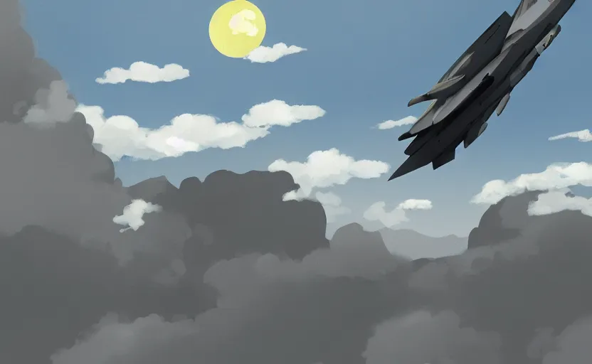 Image similar to a cell - shaded studio ghibli concept art study of a grey cube in the sky. a fighter jet is in the background. wide shot, very dull colors, hd, 4 k, hq