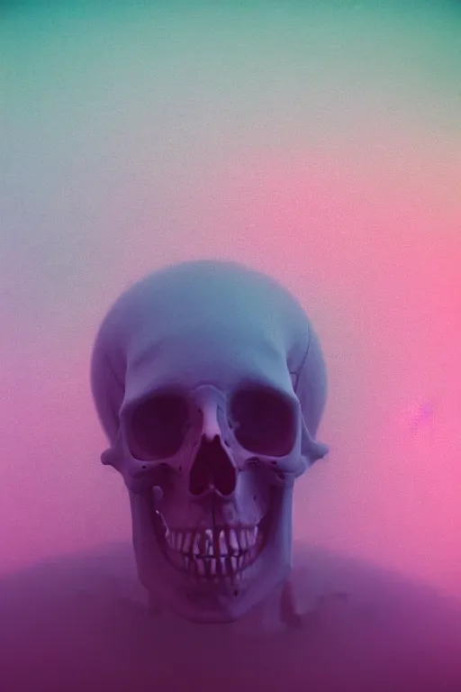 Image similar to high quality pastel coloured film close up wide angle photograph of a skeleton wearing clothing swimming on cloud furniture in a icelandic black rock environment in a partially haze filled dreamstate world. three point light, rainbow. photographic production. art directed. pastel colours. volumetric clouds. pastel gradient overlay. waves glitch artefacts. extreme facial clarity. 8 k. filmic.