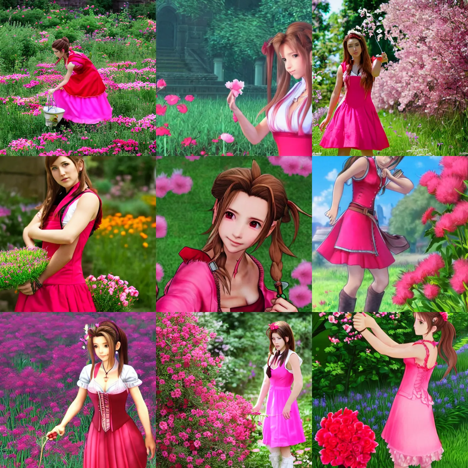 Prompt: aerith gainsborough of final fantasy 7 picking flowers, red vest over pink dress