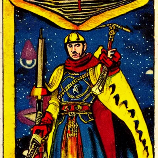 Prompt: ottoman sultanate space marines, tarot card style, pulp noir illustration