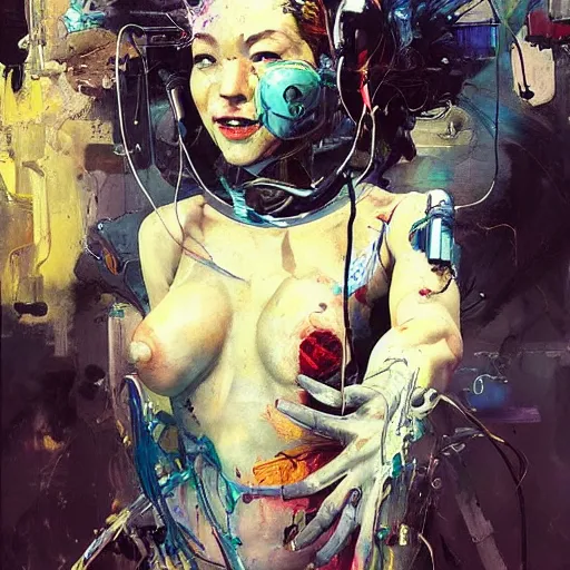 Image similar to grinning woman in a vr headset, dynamic energic pose, cyberpunk in the style of adrian ghenie, esao andrews, jenny saville, surrealism, dark art by james jean, takato yamamoto