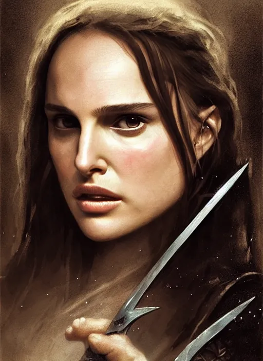 Image similar to young natalie portman, legendary warrior, fighter, lord of the rings, tattoos, decorative ornaments, battle armor, carl spitzweg, ismail inceoglu, vdragan bibin, hans thoma, greg rutkowski, alexandros pyromallis, cute, perfect face, detailed, sharply focused, centered, rule of thirds, photorealistic shading