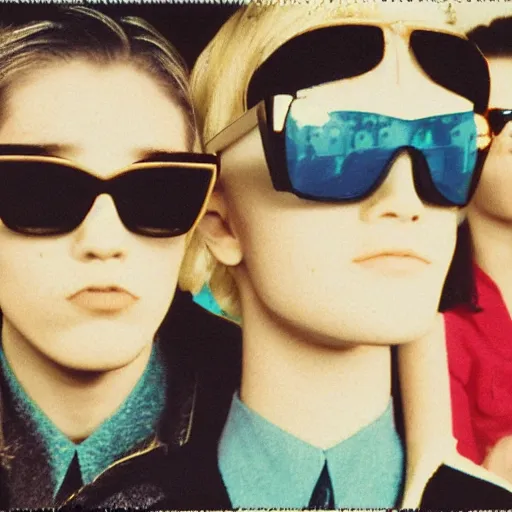 Prompt: vaporwave, grainy portrait polaroid film photograph of a schoolbook where everyone is wearing sunglasses and super serious. one of them is a mannequin. super resolution. extremely detailed. polaroid 6 0 0 film. by annie leibovitz and richard avedon