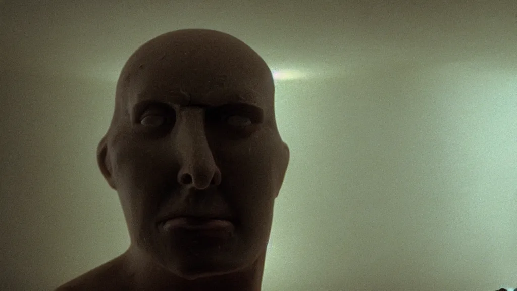 Image similar to a giant head made of wax and water floats through the living room, film still from the movie directed by Denis Villeneuve with art direction by Zdzisław Beksiński, wide lens