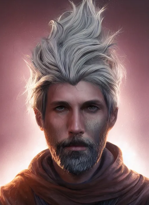 Image similar to an epic fantastic realism comic book style portrait painting of an aasimar warlock, male, shaggy silver hair, short brown beard, d & d concept art, unreal 5, daz, petrol aesthetic, octane render, cosplay, rpg portrait, dynamic lighting