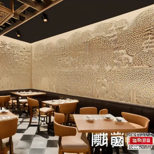 Image similar to a beautiful hyperdetailed interior render of roasted string hotpot restaurant restaurant yan'an, wall corner, from china, with merchant logo, fine delicate structure, chinese style, simple composition, simple style structure decoration design, victo ngai, 4 k hd