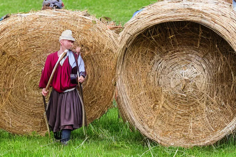 Image similar to man with scythe, medieval art, mowing of the hay, drmatic ligthing, traditional romanian clothes, woodstock festival