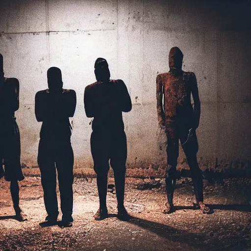 Image similar to grainy photo of three dark human figures with glowing eyes in a dark abandoned rusty factory at night taken with a camera flash