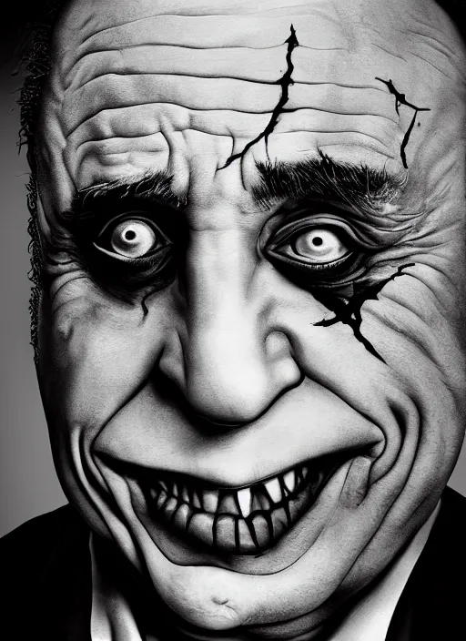 Prompt: photo of Danny Devito 2018 as the Joker by Lee Jeffries, head shot, detailed, award winning, Sony a7R, trending on artstation,