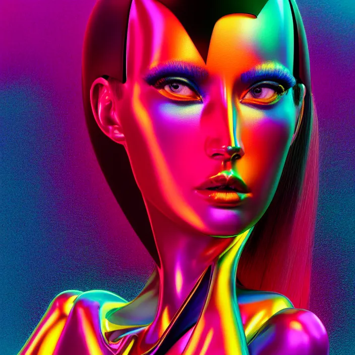 Prompt: portrait of a futuristic fashion model with an exuberant surreal style, colorful, dynamic pose, beautiful realistic face, octane render, vray, detailed, wide angle, halftoned, editorial illustration, matte print, grainy light, ( ( dither ) ), risograph, high contrast, screen print, rich grainy texture