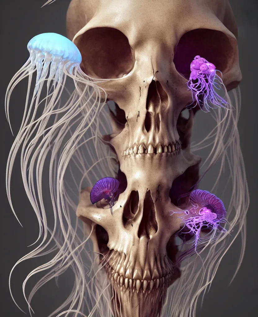 Image similar to goddess close - up portrait human skeleton, ram skull, jellyfish, orchid, betta fish, bioluminiscent, intricate artwork by tooth wu and wlop and beeple. octane render, trending on artstation, greg rutkowski very coherent symmetrical artwork. cinematic, hyper realism, high detail, octane render, 8 k