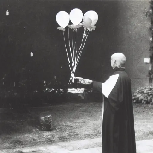 Image similar to a priest holding many balloons