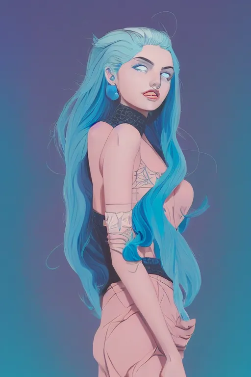 Prompt: portrait painting of a teenage girl with swept back wild blue hair, fashionable, windy, art deco, solid background color, sharp focus, award - winning, cinematic pose, cinematic lighting, trending on artstation, masterpiece, highly detailed, intricate. art by josan gonzales and moebius and deathburger