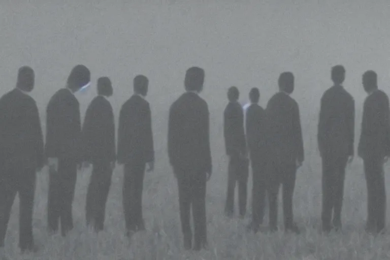 Image similar to 8 mm film still, blurry, grainy, liminal, unsettling, group of tall clone men in suits in a field at night, dark